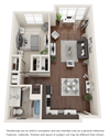 One bedroom, one bathroom three-dimensional floor plan layout. Kitchen is to the right of the entry door.